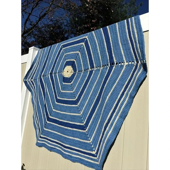 Unbranded Other - Vintage Handmade Crocheted Afghan 72x60” Hexagon Blue White Throw Blanket Cozy!